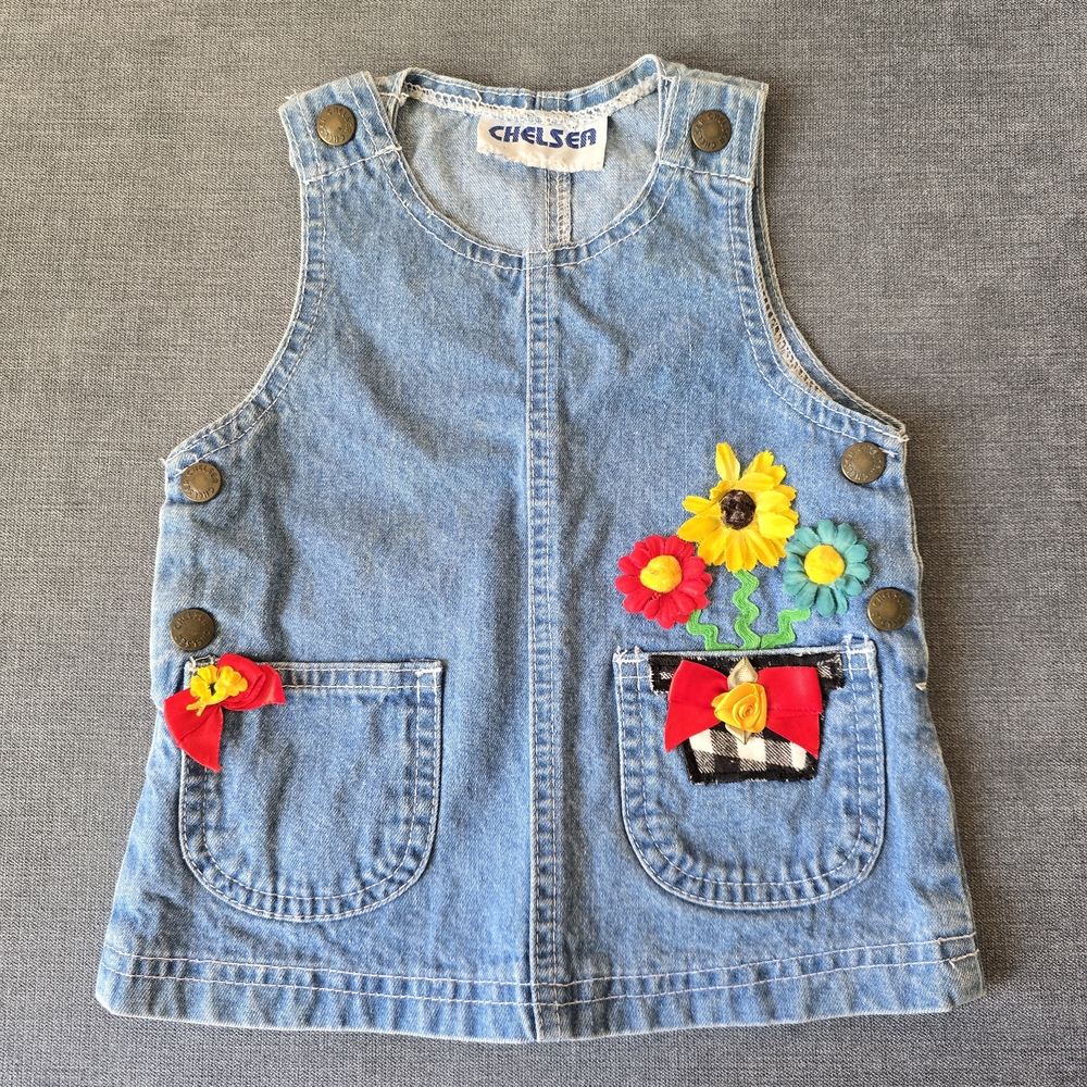 Vintage Chelsea Baby Girls 12M Denim Vest 3D Flower Appliqué Pockets 80s 90s